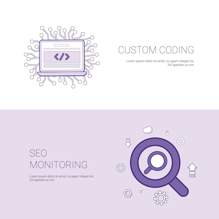 Vector codificación personalizada y banner de plantilla de monitoreo de seo