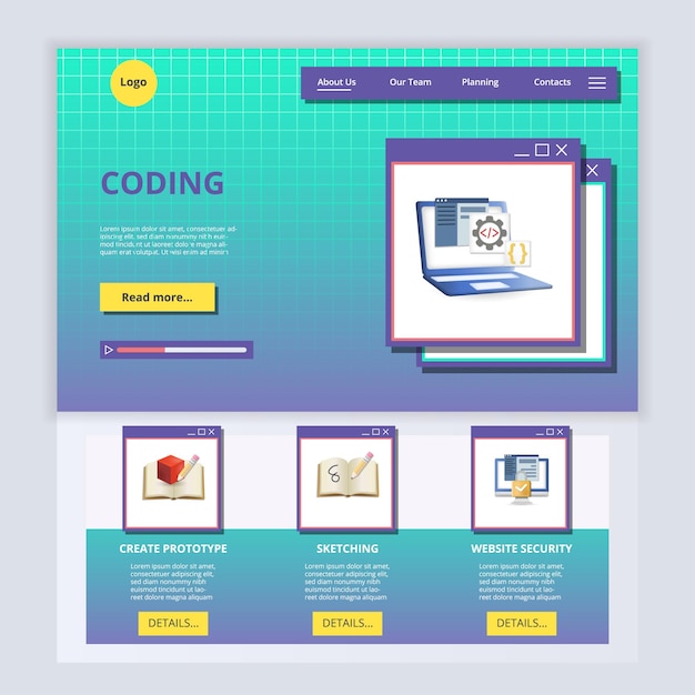 Vector codificación de la plantilla de página de aterrizaje plana del sitio web crear un prototipo