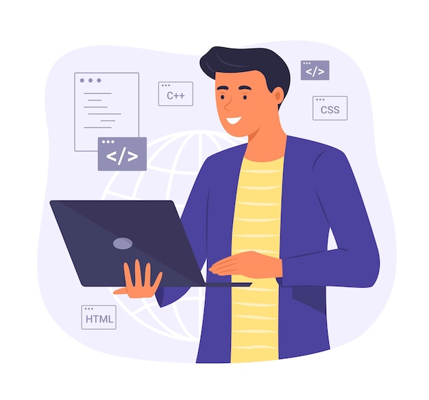 Vector codificación del proceso del hombre programador para la ilustración del concepto de desarrollo de software