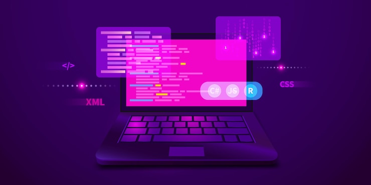 Vector codificación y programación de desarrollo web código de computadora de banner futurista en computadora portátil