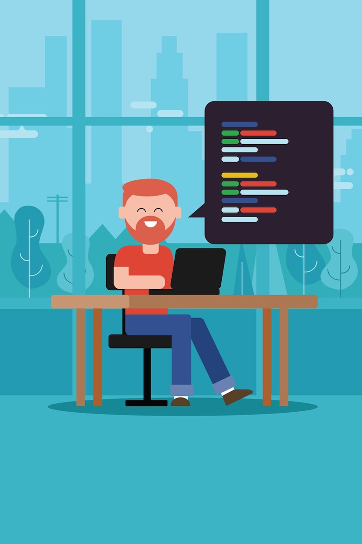Vector codificación programación guión hombre con camiseta de barba sentado trabajando en la computadora portátil en la mesa