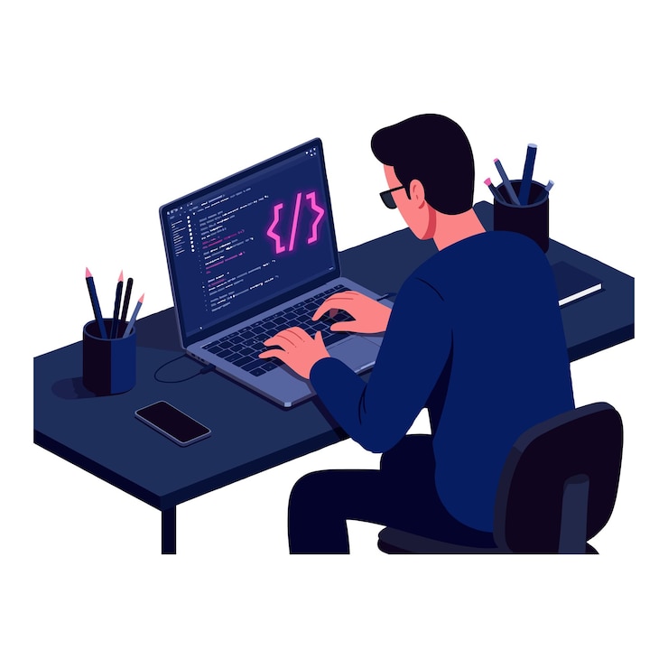 Vector codificación de programador en portátil con escritorio oscuro y suministros de oficina ilustración digital