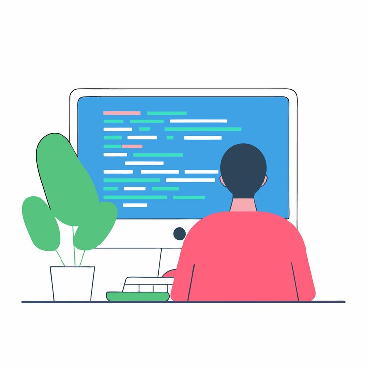 Vector codificación de programadores enfocados en la estación de trabajo moderna mesa de código de innovación digital