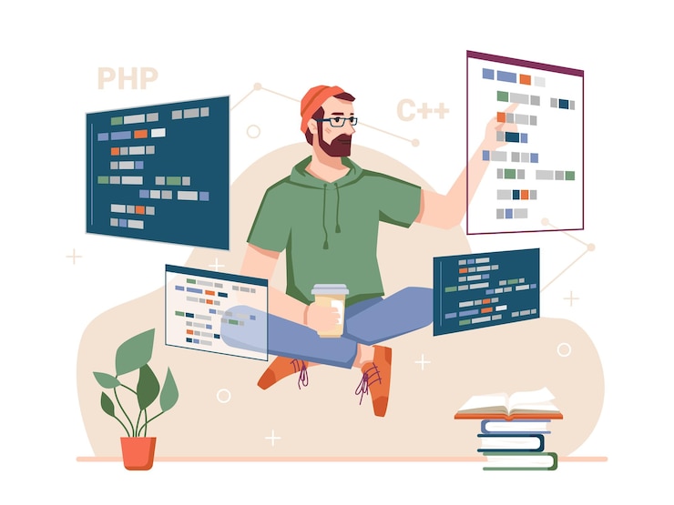 Vector codificador hábil con monitores y gadgets.personaje masculino que desarrolla sitios web y codifica la programación.