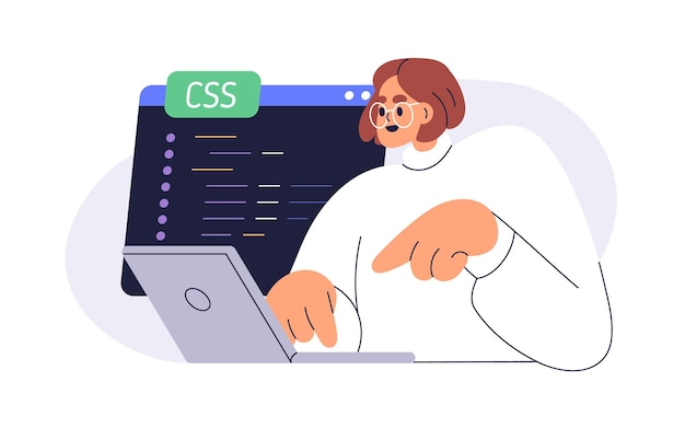 Codificador en el trabajo Desarrollador web Ingeniero de software programación desarrollo de sitios web Desarrollo de backend Programador codificación en la pantalla de la computadora portátil Ilustración vectorial plana aislada en fondo blanco
