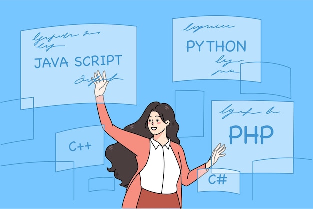 Codificadora exitosa con programación de scripts Niña milenaria sonriente escribe códigos para Python PHP y C más lenguajes informáticos Software y concepto de codificación Ilustración vectorial plana
