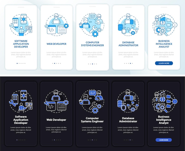 Los codificadores de trabajos pueden obtener el modo día y noche incorporando la pantalla de la aplicación móvil. recorrido del ingeniero páginas de instrucciones gráficas de 5 pasos con conceptos. interfaz de usuario, ux, plantilla de interfaz gráfica de usuario. myriad pro-bold, fuentes regulares utilizadas