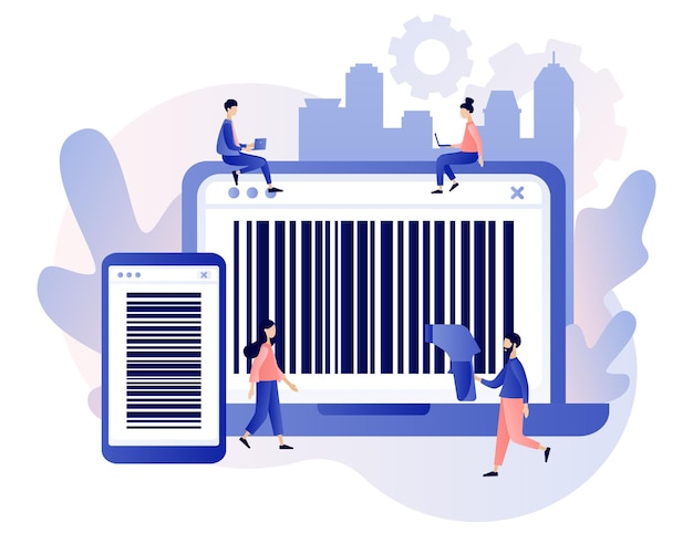 Código de barras en la aplicación del teléfono inteligente y en la pantalla de la computadora portátil Escáner de código de barras portátil Las personas pequeñas escanean el código de barras