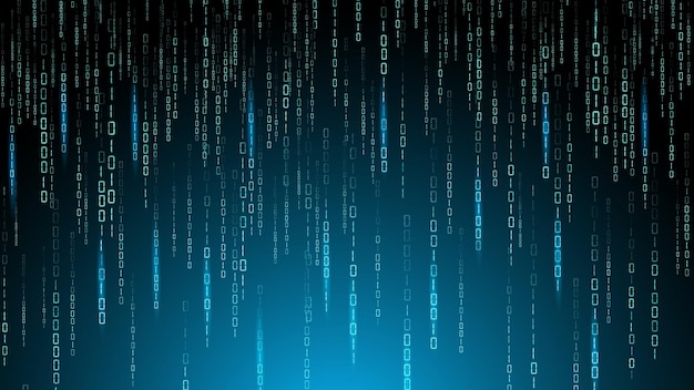 Código binario de matriz Cifrado de dígitos Números uno y cero Datos de caída aleatoria Tecnología de malware Codificación de software Fondo de programa digital Algoritmo cibernético Fondo de diseño vectorial