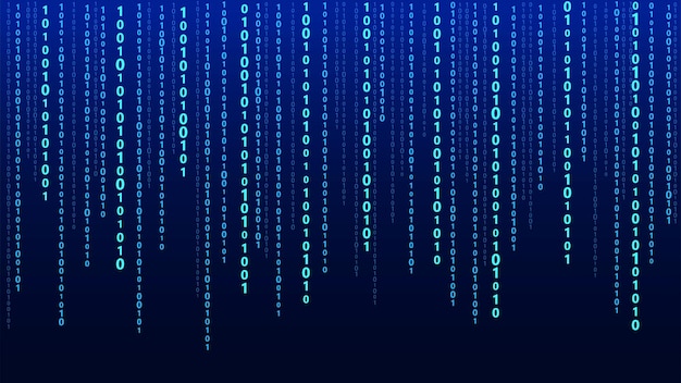 Código binario de vector de tecnología Dígitos que caen al azar en la pantalla Software pirateado Matrix sciense background Análisis de Big data