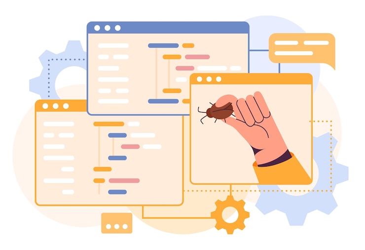 Vector código de computadora programadores de mano con errores problema de malware codificación de depuración digital sistema antivirus de seguridad del programa software de prueba seguridad de datos web concepto de ilustración vectorial