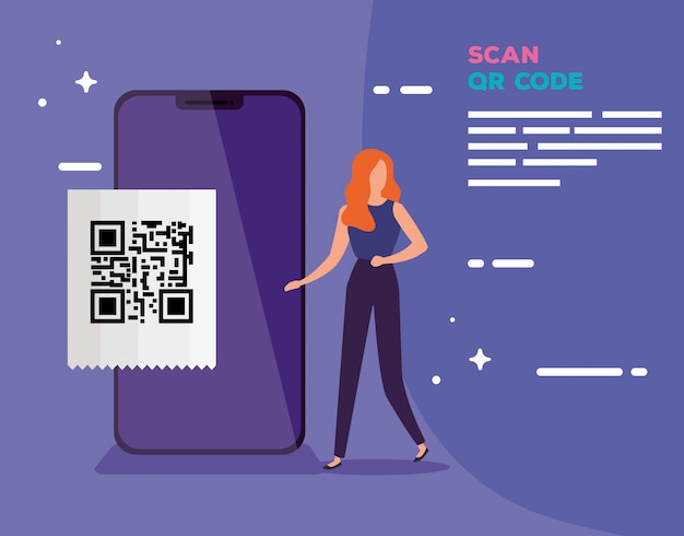 Vector código de escaneo de teléfono inteligente qr con diseño de ilustración de vector de mujer de negocios