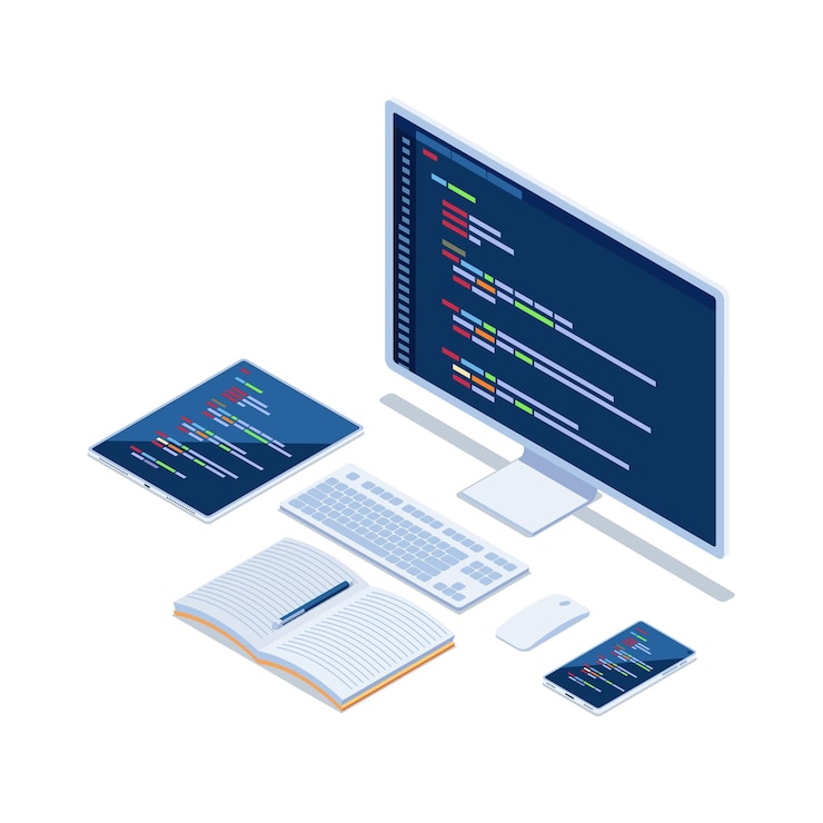 Vector código informático isométrico plano 3d en el monitor, teléfono inteligente y tableta que desarrolla un sitio web multiplataforma. concepto de programación de código de desarrollo de diseño de sitio web.
