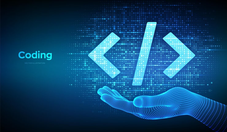 Vector código de programación código o signo de hacker ícono de código de programación hecho con código binario en el marco de alambre a mano