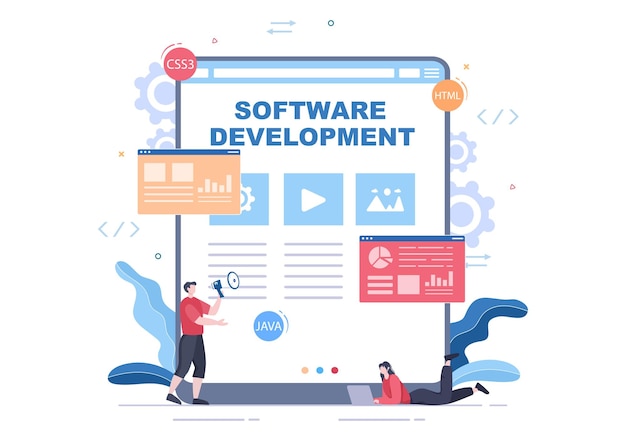 Código de programación y desarrollo de software en la ilustración de vector de computadora para tecnología, equipo de ingenieros, codificación, material de marketing, negocios y presentación