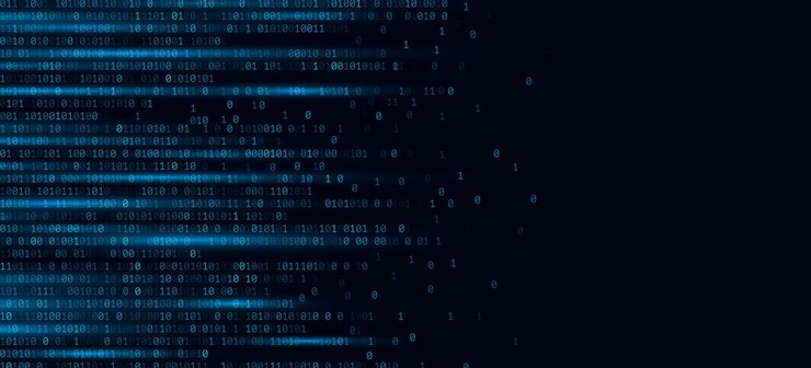 Vector código de programación de software de datos binarios con efecto brillante en un fondo azul oscuro fondo digital de tecnología financiera ilustración vectorial