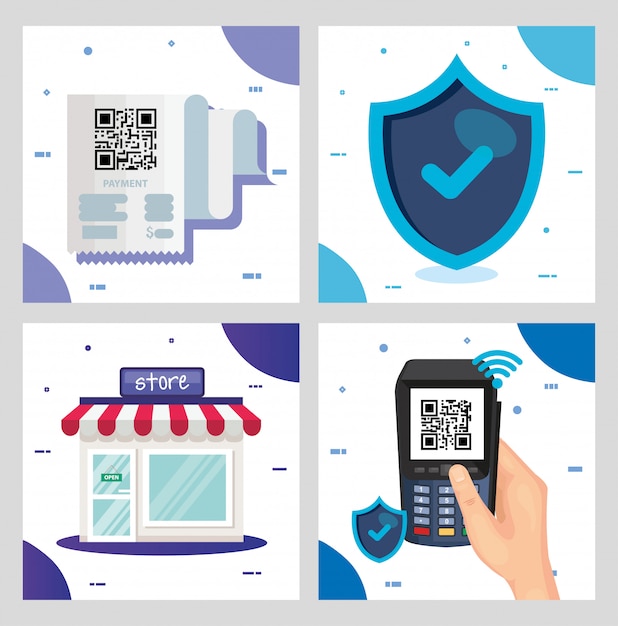 Código qr dentro de la tienda del teléfono de datos y el diseño del escudo de la tecnología de escaneo de información de precios de negocios de código de barras de comunicación digital y tema de datos ilustración vectorial