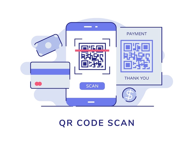 Código qr escanear el código de barras en la pantalla del teléfono inteligente banco de la tarjeta de dinero fondo blanco aislado