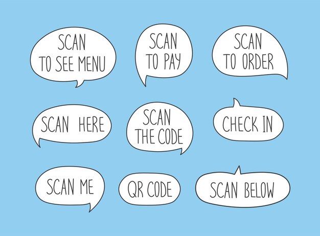 Código QR Escanear instrucciones de texto palabras burbujas pegatinas