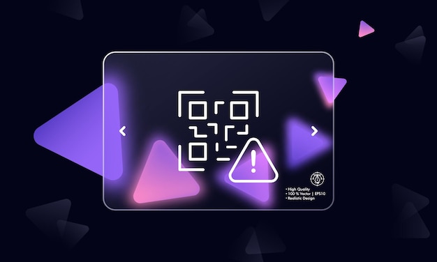 Código QR con icono de línea de señal de advertencia Escáner de escaneo de datos de información cifrada siga la aplicación de enlace Concepto de tecnología Estilo de morfismo de cristal Icono de línea vectorial para negocios y publicidad