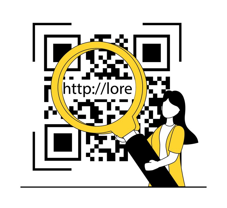 Vector código qr una mujer señala con una lupa un código qr y ve un enlace a un sitio web
