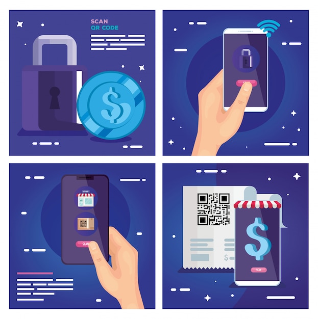 Vector código qr papel teléfonos inteligentes candado y diseño vectorial de monedas