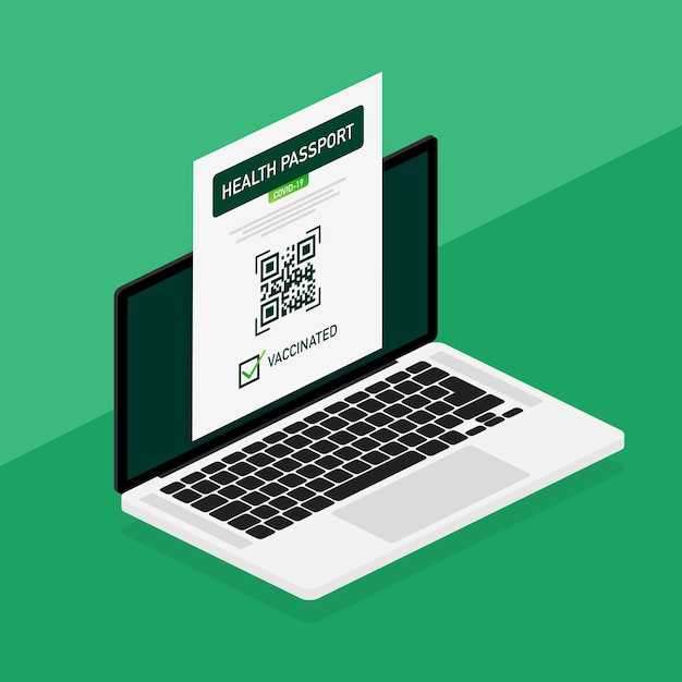 Código qr del pasaporte de salud en estilo lineal sobre fondo verde Vacunación contra el coronavirus