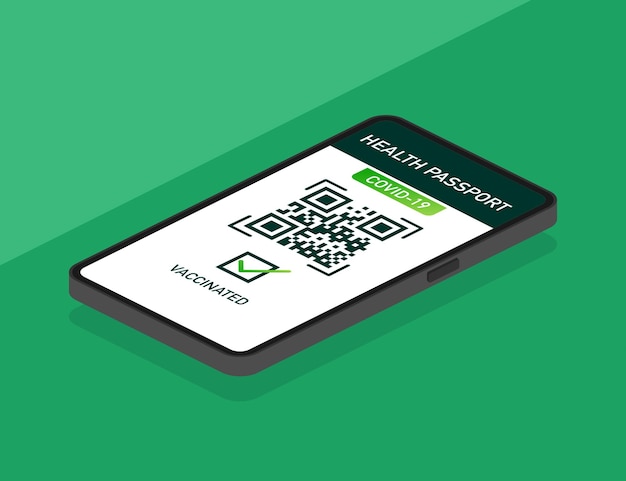 Código qr del pasaporte de salud en estilo lineal sobre fondo verde Vacunación contra el coronavirus