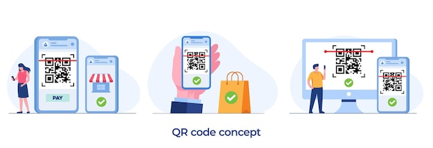 Código QR, tecnología de código de barras de escaneo, ilustración de vector plano de pago en línea para banner y fondo