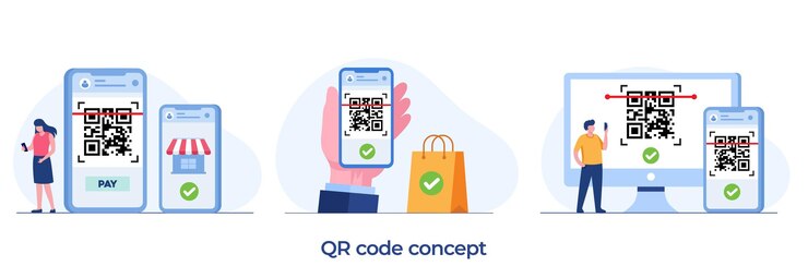 Vector código qr, tecnología de código de barras de escaneo, ilustración de vector plano de pago en línea para banner y fondo