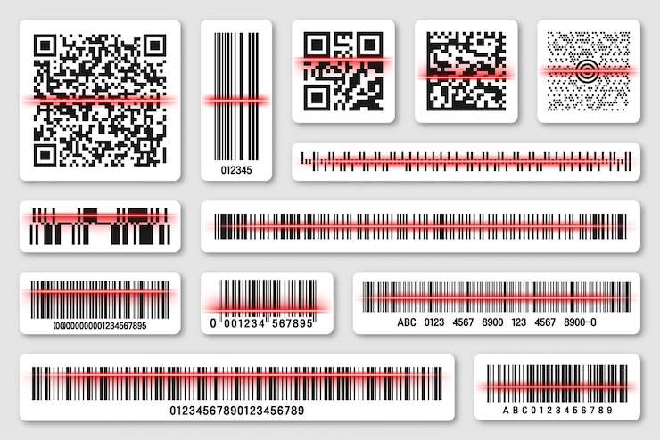 Vector códigos de barras y códigos qr de productos con número de serie del código de seguimiento de identificación de la línea de escaneo roja