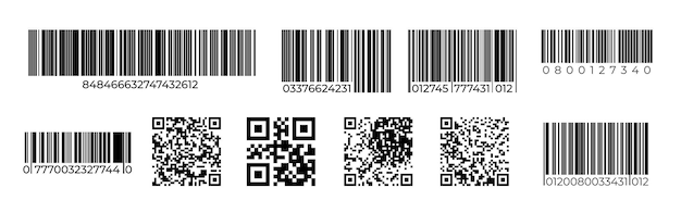 Códigos de barras. Marca de identificación de producto de código QR, etiqueta de precio para escaneo láser, código de número de venta minorista. Conjunto de símbolos de código de barras de escaneo único de vector
