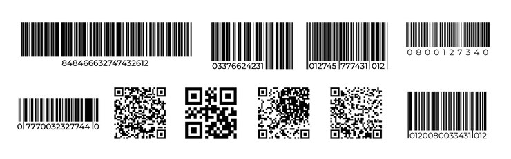 Vector códigos de barras. marca de identificación de producto de código qr, etiqueta de precio para escaneo láser, código de número de venta minorista. conjunto de símbolos de código de barras de escaneo único de vector