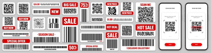 Vector códigos de barras de productos y códigos qr aplicación de teléfono inteligente escáner aplicación de venta pegatinas etiqueta de descuento o
