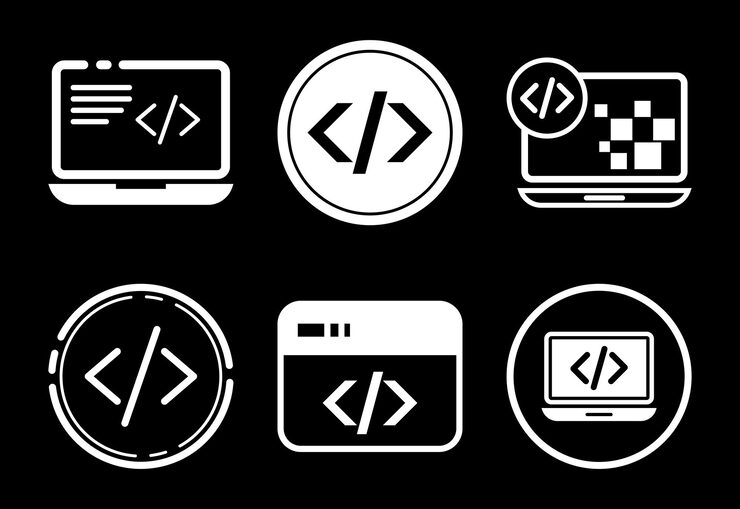 Vector coding icons symbolizing software development and programming languages in varied presentation styles and formats