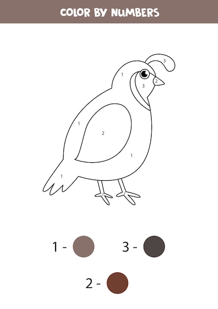 Codorniz de dibujos animados lindo color por números. Juego educativo de matemáticas para niños. Hoja de trabajo imprimible para niños.