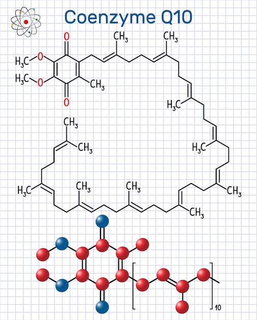 Coenzima Q10 ubiquinona ubidecarenona coenzima Q CoQ10 Modelo de molécula de fórmula química estructural