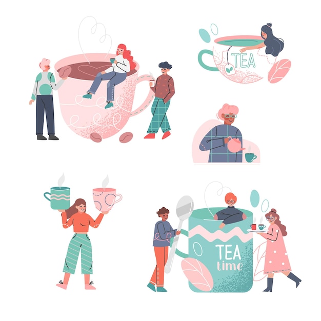 Coffee and Tea Time Break con Tiny People Personaje disfrutando de una bebida caliente en una taza Conjunto vectorial