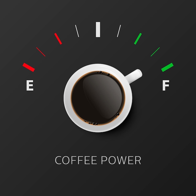 Coffee Power Vector 3d Taza blanca realista con café negro y bandera de concepto de indicador de combustible con taza de café y frase sobre plantilla de diseño de café Vista superior