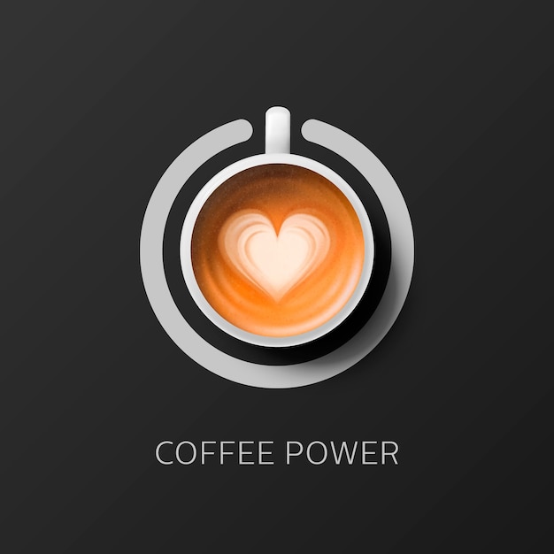 Coffee power vector 3d taza de cerámica de porcelana blanca realista signo de interruptor circular espuma leche café capuccino latte con patrón de corazón concepto banner con taza de café en la plantilla de diseño de vista superior