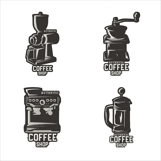 Coffee Shop Emblem Logo Estilo vintage en conjunto en blanco y negro