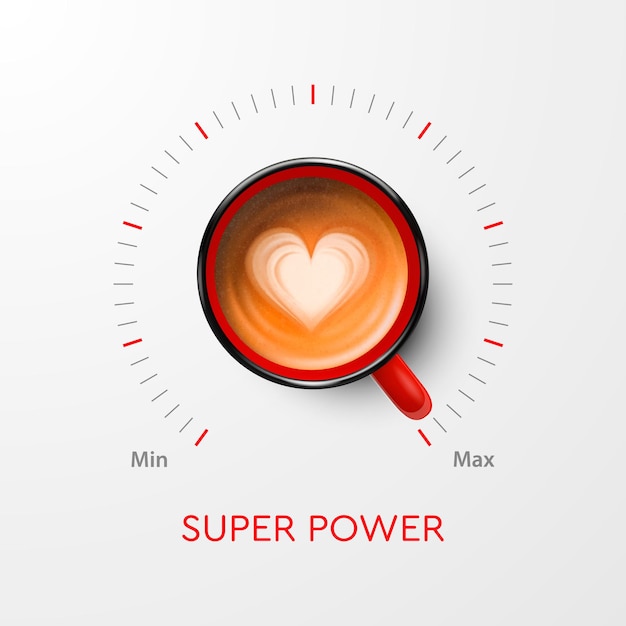 Coffee Super Power Vector 3d Taza roja realista con café negro y concepto de escala de volumen Banner con plantilla de diseño de taza de café Vista superior