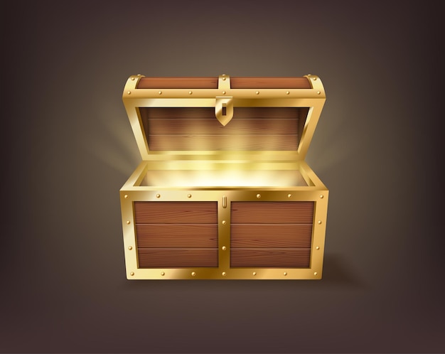 Cofre abierto realista, caja de madera del tesoro antiguo vintage, dover pirata con dorado brillante en el interior