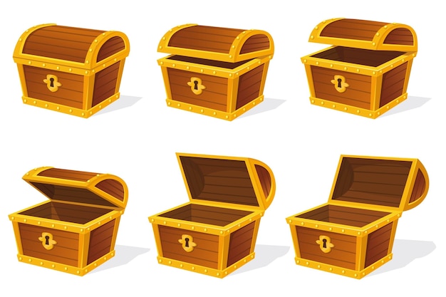 Cofre de animación cofre del tesoro vacío abierto y cerrado cofres de dibujos animados de madera antiguos medievales juego viejos tesoros piratas cajas de seguridad para oro aislado icono de vector limpio