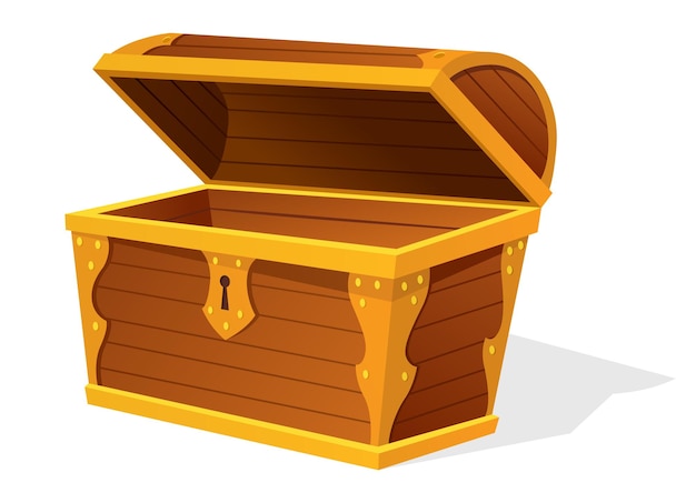 Cofre Cofre de madera viejo vacío para tesoro de oro Contenedor antiguo de dibujos animados para piratas icono de vector aislado en blanco Caja antigua de madera de juego para tesoro