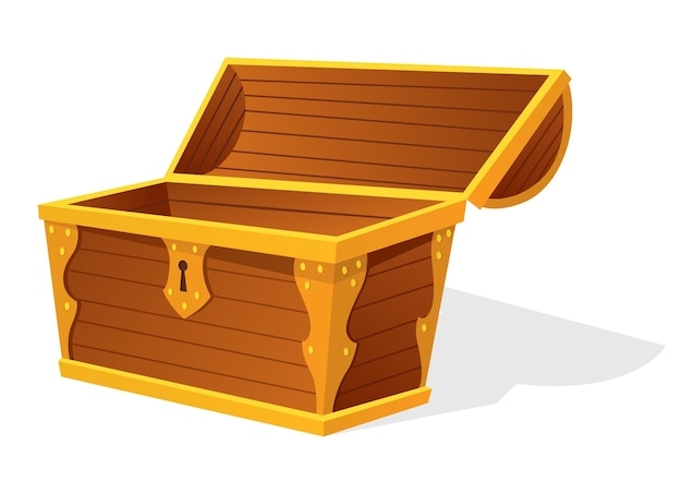 Cofre Cofre de madera viejo vacío para tesoro de oro Contenedor antiguo de dibujos animados para piratas icono de vector aislado en blanco Caja antigua de madera de juego para tesoro