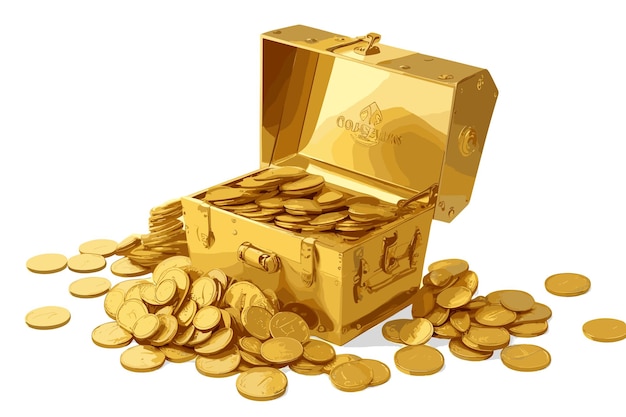 Cofre del tesoro abierto con monedas de oro aisladas en blanco