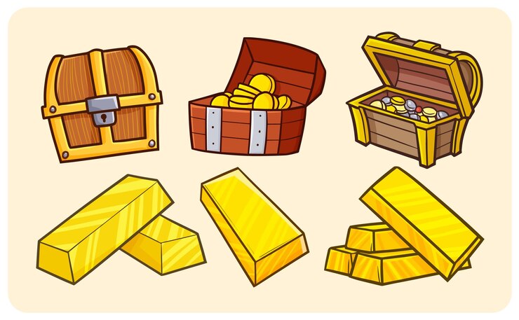 Cofre del tesoro divertido y lingotes de oro en estilo simple doodle
