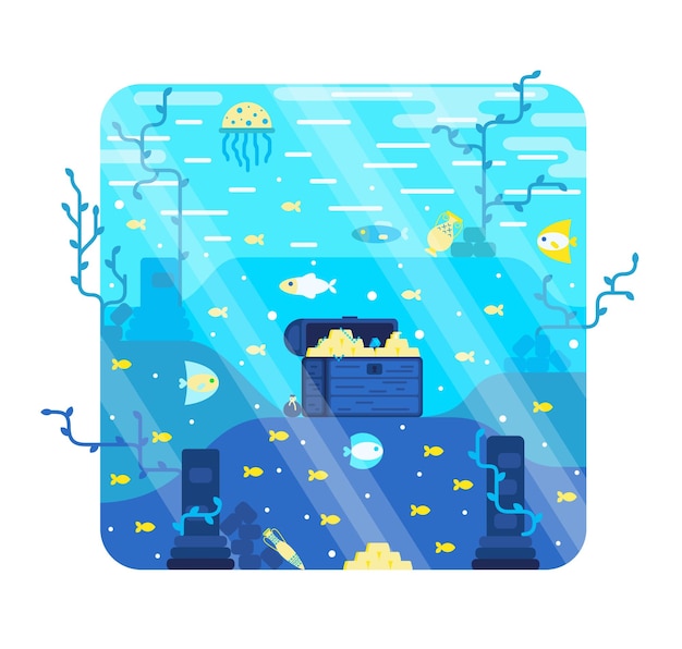 Cofre del tesoro en la ilustración de dibujos animados de vector de fondo marino en estilo plano