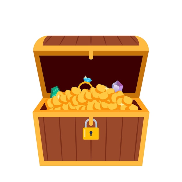 Un cofre del tesoro lleno de monedas de oro gemas de cristal y joyas símbolo de los piratas